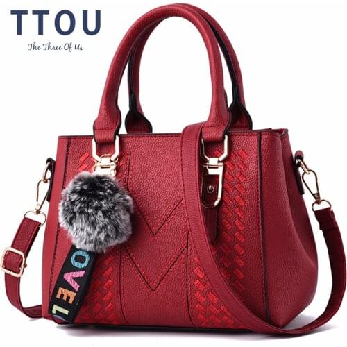 Embroidery Women Handbags with Fur Ball Designer PU Leather Shoulder Messenger Bag Leisure Lady Crossbody Tote Bag Female Purse