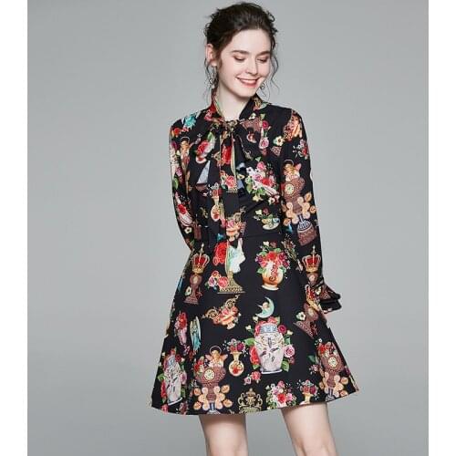 Women Ruffle Bow Tie Mini Dress Ladies Flare Sleeve Flower Print Runway Angel Dress Vintage Long Sleeve Casual Party Dress k6371