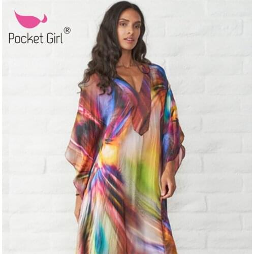 Pocket Girl 2020 Chiffon Beach Cover Up Tunics for Beach Long Kaftan Bikini Cover Ups Robe De Plage Swimsuit Beachwear Kimono