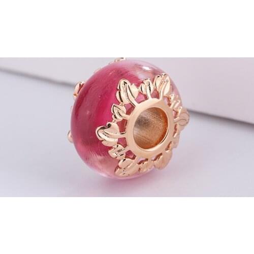 925 Sterling Silver Rose Pink Glass & Leaves Pendant Charms Bracelet DIY Jewelry Making For Original Pandora Accessories