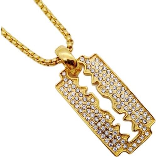 Black Knight Stainless steel knife razor blade Men Necklace Fashion full rhinestones Hip hop Pendant Necklace Jewelry BLKN0423