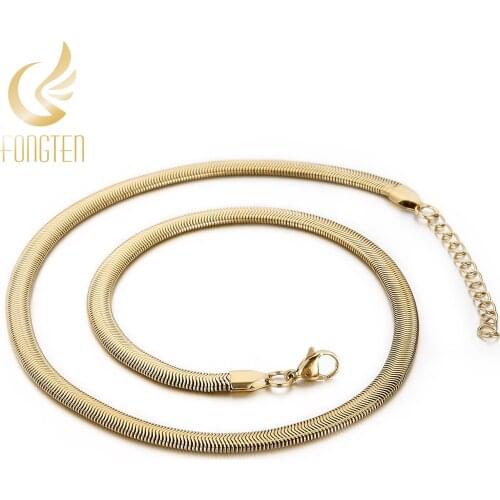 Fongten Wide Snake Link Choker Chain Hip Hop Men Women Necklace Stainless Steel Classics Trendy Long Smooth Necklaces