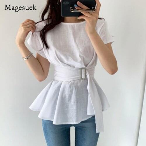 Korean Style Elegant Blouse Women Temperament Summer Slim T-shirt 2021 New Fashion Tops Woman Bandage Tops Clothes Blusas 13661