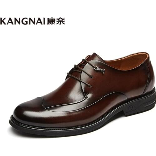 KANGNAI Men Dress Shoes Genuine Leather Round Toe Business Wedding Formal Shoes Male Derby