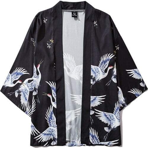 Cardigan Yukata Chinese Traditional Japanese Black Clothing Asian Clothes Crane Japanese Style Kimono Belt Haori Men Women