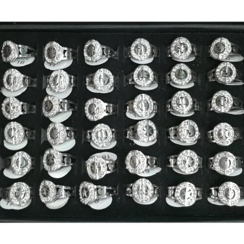 For Ladies Crystals Surround Mixed Design Surface Silver Color Stainless steel Rings 36pcs/lot
