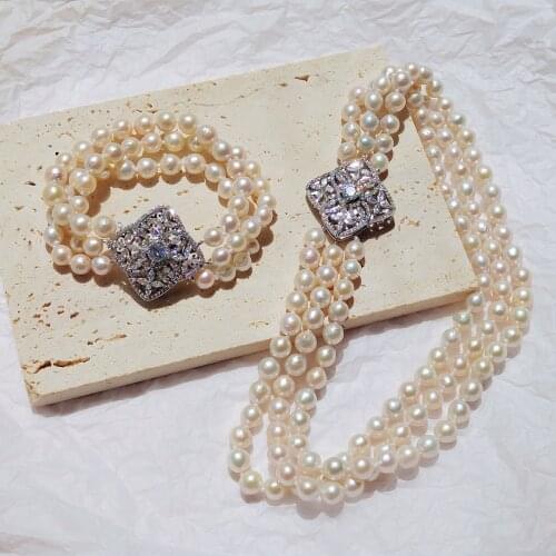 Lii Ji Real Pearl Choker Necklace Zircon Clasp High Luster Freshwater Pearl 6-8mm 3rows Women Wedding Party Jewelry