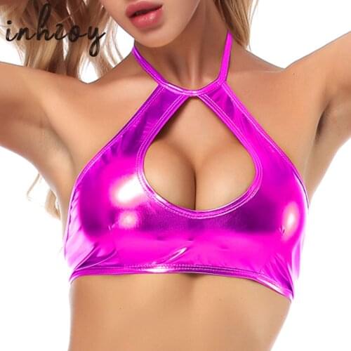 Sexy Metallic Crop Tops Women Faux Leather Shiny Halter Vest Top