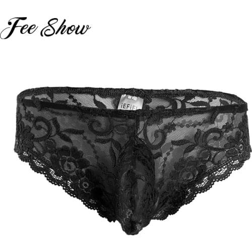 Men Lingerie Lace Floral Bulge Pouch Low Rise Bikini Briefs Underwear Mens lingerie Semi-see through mesh Briefs Underpants