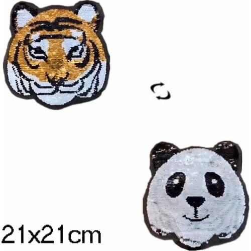 Animal Panda Tiger Reversible Change Sequins Sew On Patches for clothes Kids Boy Girl T Shirt Coat Embroidered Patch Applique