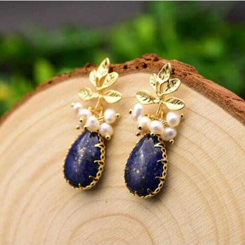 Natural Fresh Water Baroque Pearl Lapis Lazuli Earrings For Women Plant Leaves Dangle Earrings Luxury Handmade Fine Jewelry New