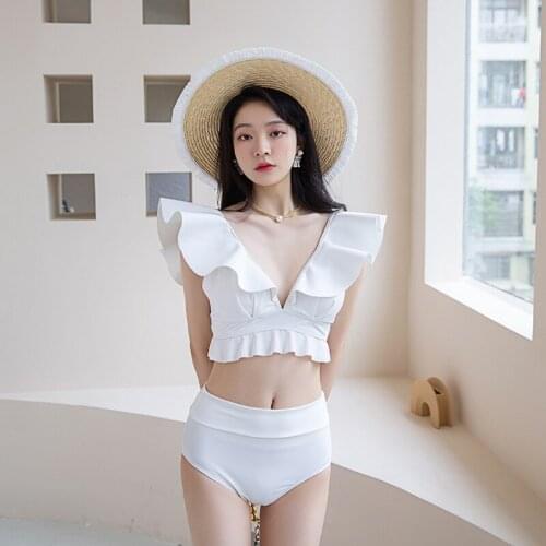2021 new spot solid color V-neck open back split triangular steel free swimsuit