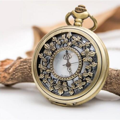 New Fashion quartz flowers Bronze antiques Hollow out pendant Flip clock Necklace pocket watches gift