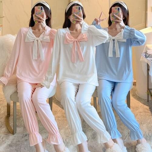 2021 Autumn Sweet Princess Long Sleeve Cotton Pajama Sets for Women Cute Bow Sleepwear Suit Pyjama Homewear Pijama Mujer Clothes