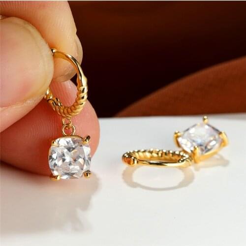 Luxury Female White Crystal Stone Earrings Cute Gold Color Hoop Earrings For Women Charm Square Zircon Wedding Earrings