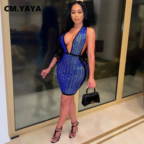 CM.YAYA Hot Rhinestones Stripe Midi Dress Sexy Night Party Sleeveless Deep V-neck Bodycon Bandage Mini Dresses