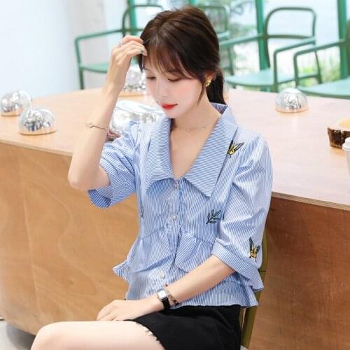 Summer striped blouse women puff sleeve sweet ruffles patchwork womens tops and blouses 2020 new embroidery short crop top blusa