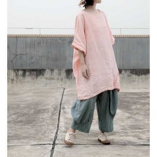 Women Loose Ramie Solid Color Half Sleeve Blouse Tops Shirt Ladies Vintage Ramie Shirt Female 2021 Summer Tops