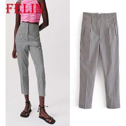 Za 2021 Women Chic Plaid Office Lady Pants High Waist Pockets Straight Pencil Pants Elegant Trousers
