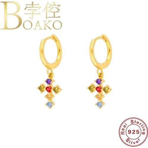 925 Sterling Silver Cross Drop Earrings For Women Ins Color Zircon Multicolor Crystal Earring Earings Jewelry Circle Pendientes