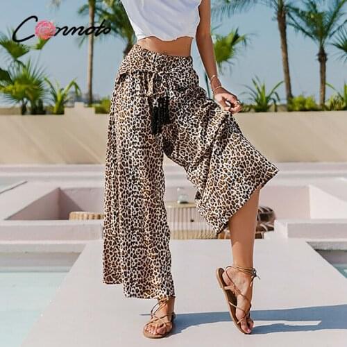 Conmoto Leopard print loose sash women wide leg pants summer High waist sexy trousers streetwear Fashion holiday bottoms lady