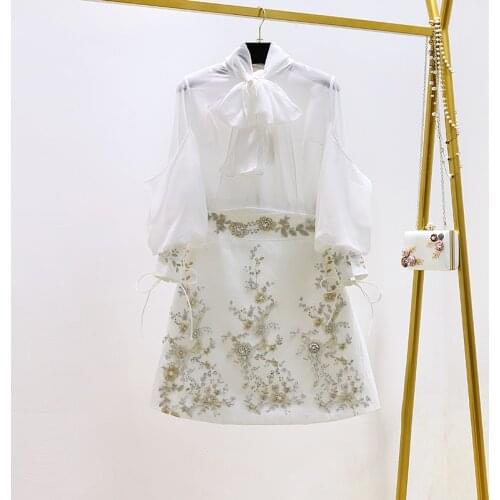 Runway Autumn Skirt Suits Womens Sets Fashion Lantern Sleeve Bows Chiffon Blouses Tops + Vintage Beaded Flower Appliques Skirts