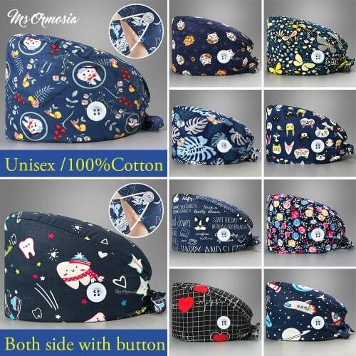 Customizable cotton Unisex Cartoon Cat print adjustable Scrub hat beauty salon work cap laboratory pet shop fashion scrub cap