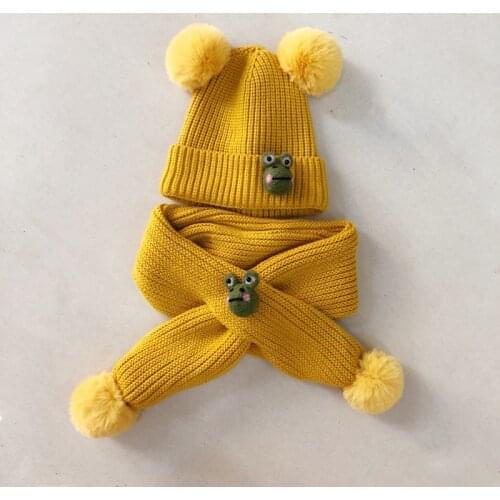 2021 New Baby Hat Scarf 2-Piece Set Boys and Girls Double Hair Ball Knitted Cap Cartoon Felt Warm Hat Gift Accessories