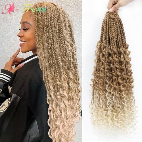 X-TRESS Goddess Box Braids Curly Ends Ombre Blonde 3X Bohemian Crochet Braids Hair Pro-looped Synthetic Crochet Hair Extensions