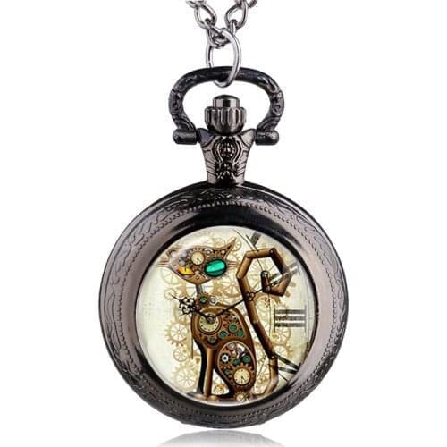 Bronze Vintage Steampunk Cat Locket Necklace Pocket Watch Pendant Gift
