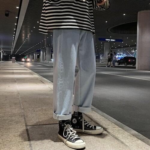 Mens New Loose Black/blue Straight Pants Solid Color Casual Pants Baggy Homme Cargo Pocket Jeans Biker Denim Trousers
