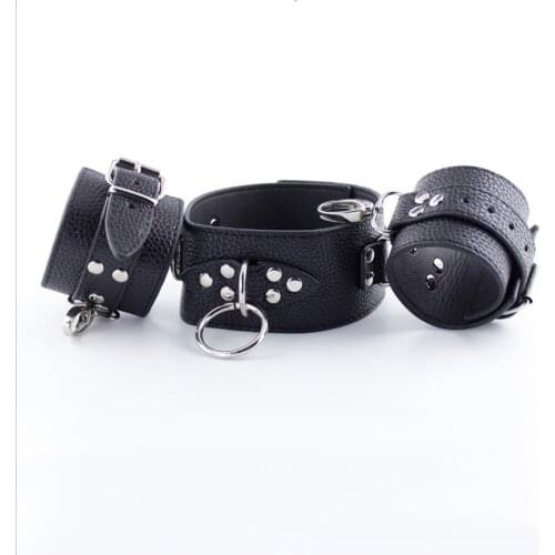SODANDY Black Slave Collar Sex Hand Cuffs PU Leather Handcuffs Set BDSM Toys Bondage Suit Fetish For Woman Adult Toy For Couples