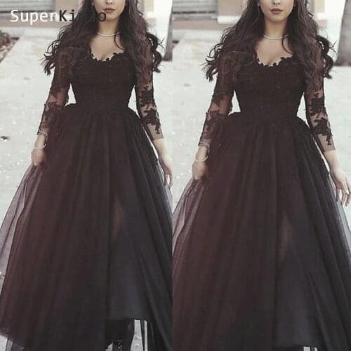 SuperKimJo Black Prom Dresses 2020 Long Sleeve Lace Applique Elegant Prom Gown Abiti Da Cerimonia Da Sera Vestido De Festa