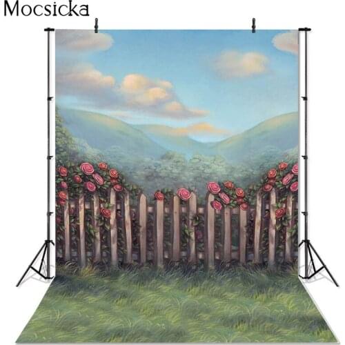 Natural Scenery Photography Background Rose Flowers Fence Mountain Backdrop Newborn Baby Child Portrait Photo Studio Cake Smash