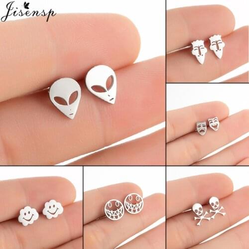 Jisensp 2021 New Arrival Alien Stud Earrings Steampunk Jewelry Stainless Steel Smiley Face Earrings for Women Friendship Gift