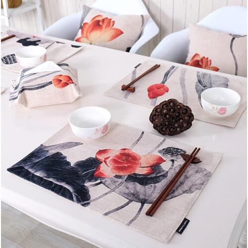 Chinese Style Lotus Flower Placemat Cotton Fabric Dining Table Mats Table Decoration Napkin Cup Mats Tableware Pads