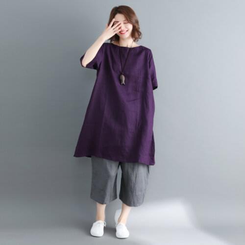 Cotton linen two pieces women pant suits 2020 summer new solid long casual oversize t-shirts and wide leg knee-length pants sets