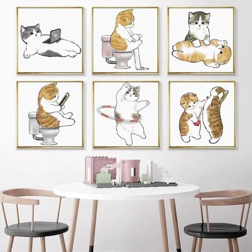Funny Animal Cat Wall Art Poster Print Nordic Baby Nursery Canvas Painting Cartoon Decorative Pictures For Kids Room Home Decor