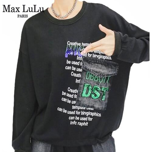 Max LuLu Casual Loose T-shirt For Women O Neck Long Sleeve Letters Print Female Korean Fashion Clothing 2021 Vintage Black Tops