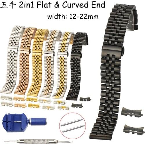 Flat and Curved End Semicircle Links Watch Band 12 13 14 16 17 18 19 20 21 22mm Solid Stainless Steel Replacement Watch Strap