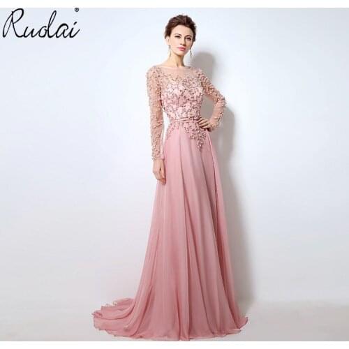 In Stock Pink Luxury Evening Dresses Long Full Sleeve with Sash A-Line Beaded Evening Patrty Gown vestidos de fiesta de noche
