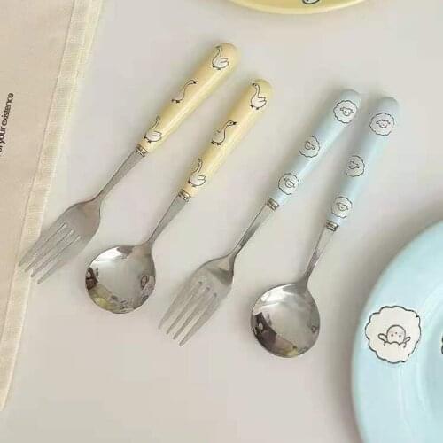 Fork Spoon Stainless Steel Cute Cartoon Children Table Small Ceramics Handle Tableware Yellow And Blue Two-piece Set Homehold