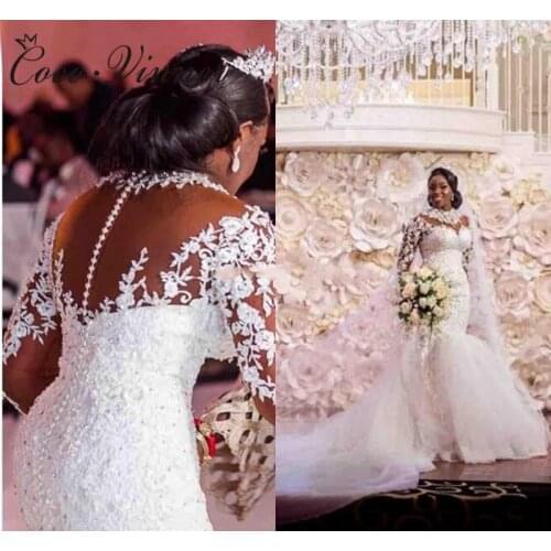 Cystal Beading Long sleeves Vintage Lace Mermaid Wedding Dresses 2021 High Neck Appliques White Wedding Dress W0604