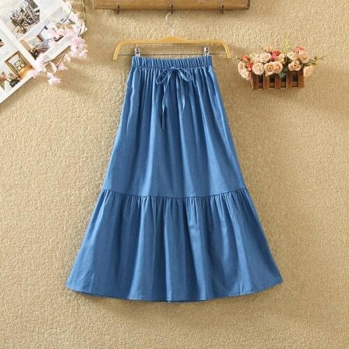 New Summer Women Denim Skirt High Waist Patchwork A-line Skirt Pattern 2019 Fashion Solid Female Medium Long Lolita Petticoat
