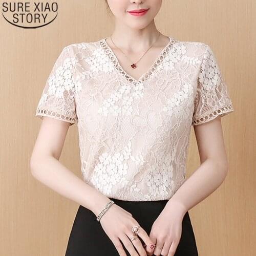 Women Short Sleeve Blouse Office Lady Lace Shirt Fashion V-neck 2021 Summer New Hollow Out Sexy Casual Blouse Blusas Mujer 14829