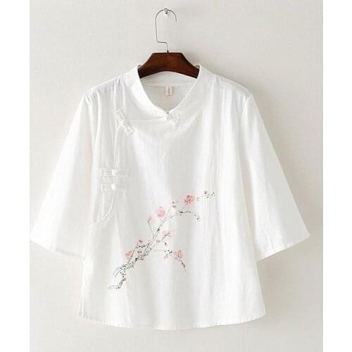 Chinese Style Women Loose Cotton Linen T-shirt Summer Stand Collar Retro Buckle Embroidered Plus Size Top Female Casual Tee