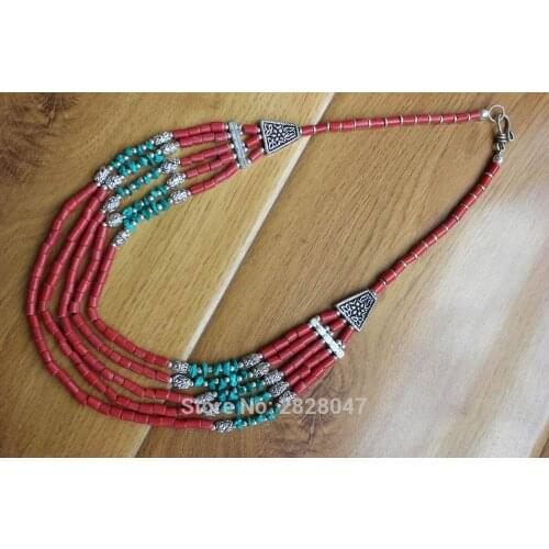 NK197 Ethnic Tibetan Artifical Coral Stone 5 Layers Beaded Necklace Handmade Jewelry Bohemia Women Necklace