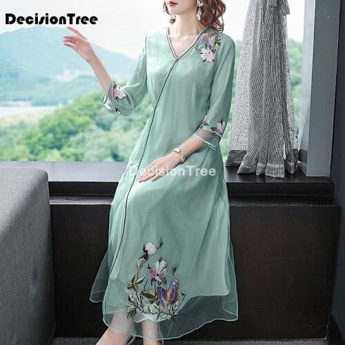 2021 green chiffon embroidery qipao robe lady traditional chinese style cheongsam dresses women v neck loose qipao dress