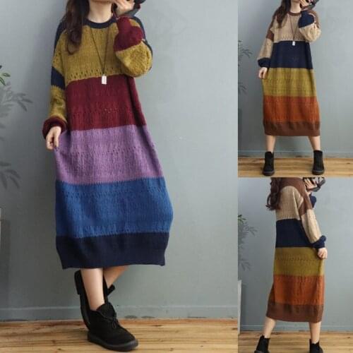 Retro Hit Color Hollow Knitted Dress Womens Autumn Winter New Loose And Wild Fashion Lazy Long Dress Shirt Jumper Top y1315