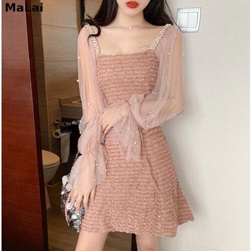 Pink Dress Vintage Beading Mesh Patchwork Korean Dress Kawaii Mini Elegant Long Sleeve Women Autumn Street Sweet Ladies Dresses
